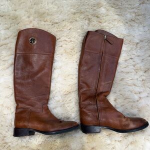 Tory Burch Riding Boots Brown Leather Side Zip Size 6M Logo Medallion
